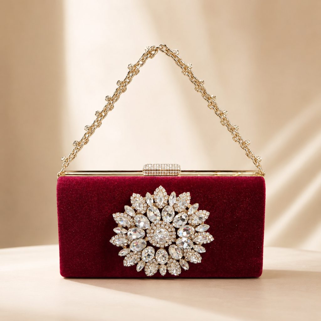 Crystal Floral Velvet Box Clutch - Wine Red